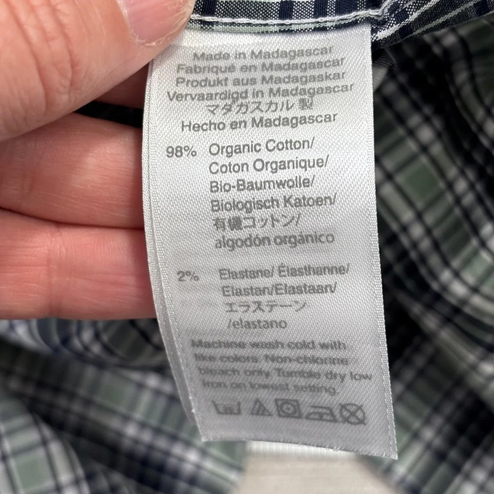 J. Crew Secret Wash Shirt Mens Medium Green Navy Plaid Organic Cotton Stretch